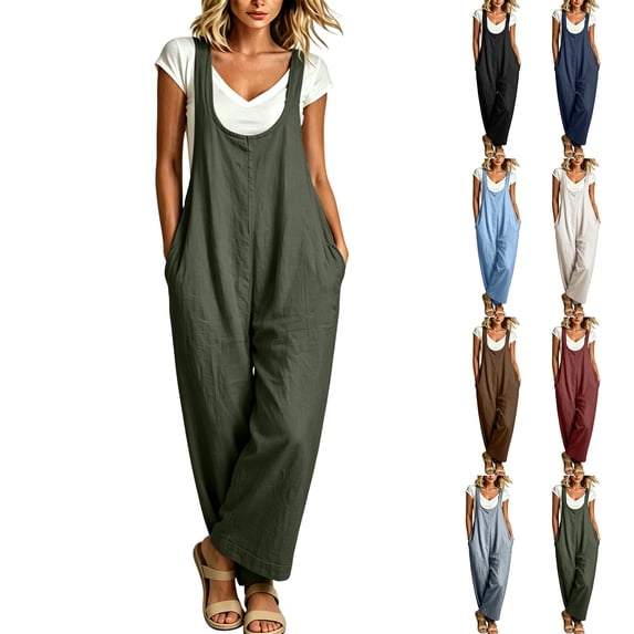Lcziwo Women's Wide Leg Cotton Jumpsuits Sleeveless Scoop Neck Pockets Pant Rompers One Piece Baggy Casual Summer Overalls White,L