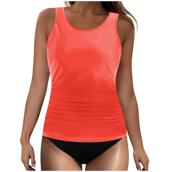 Lcziwo Womens 2 Piece Swimsuit with Shorts Tummy Control Plain Swimwear Modest Crew Neck Padded Bathing Suits Surfing Tankinis Orange,M