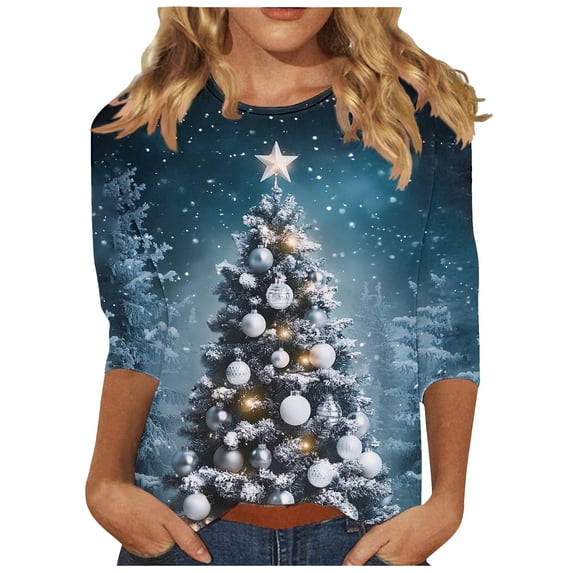 Lcziwo Womens 3/4 Sleeve Tee Shirts Christmas Tree Print Oversized Blouses Christmas Gifts Xmas Holiday Shirts Casual Trendy Fall 2025 Tops Blue,XL