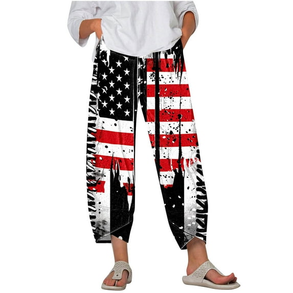 Lcziwo Womens 4th of July Pants Casual Trendy Summer 2025 Baggy Cropped Pants High Waist Wide Leg Capri Stars and Stripes Print Trousers White,XXXXXL