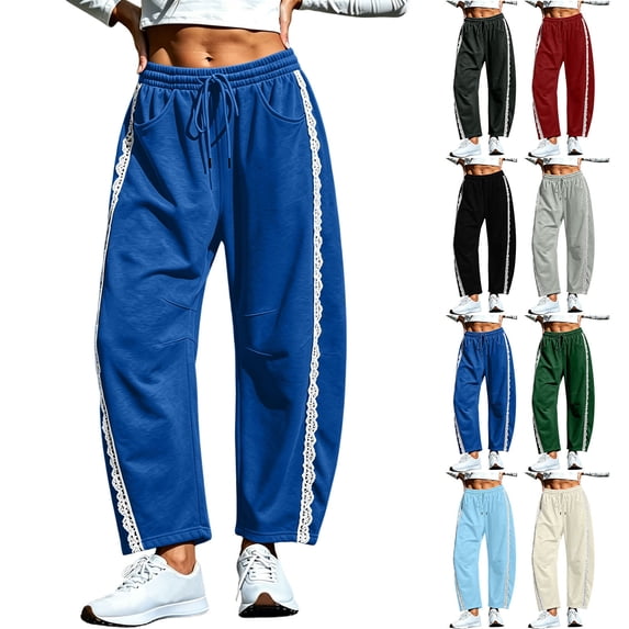 Lcziwo Wide Leg Barrel Sweatpants for Women Lace Trim Drawstring Baggy Pants Elastic Waist Workout Crop Trousers with Pockets Navy,XXL