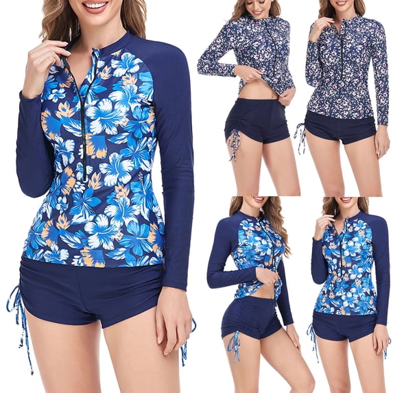 Lcziwo Womens Boyshorts Two Piece Swimsuits Long Sleeve Printed Rash Guard Zipper Surfing Athletic Swimwear Navy,XL