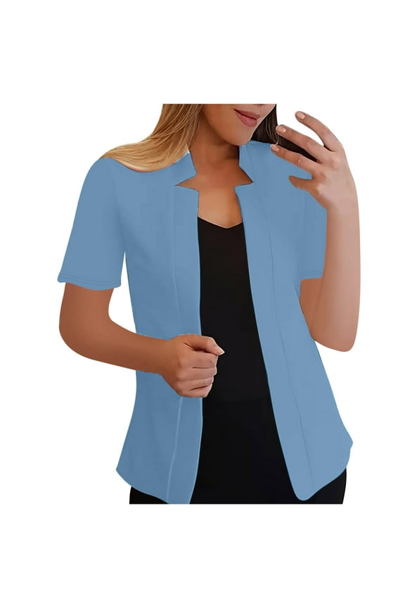 Womens Business Coat Short Sleeve Open Front Cardigan Blazer Notch Collar Office Work Jackets Solid Color 2025 Outerwear Blue,XL