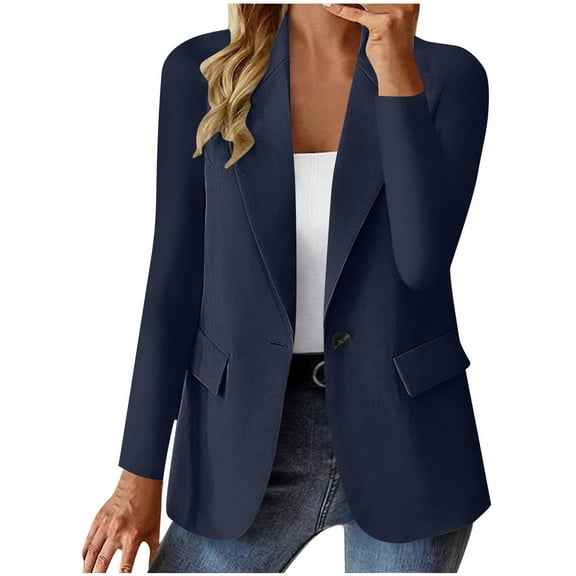 Lcziwo Womens Business Jackets Blazers Open Front Long Sleeve Jackets Button Lapel Fake Pockets Suit Coats Work Office Slim Fit Coat 2025 Navy,M