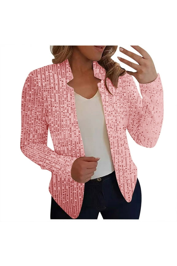 Womens Cardigan Blazer Sequin Long Sleeve Notch Collar Blazer Open Front Office Work Jackets Plain Lightweight 2025 Outerwear Pink,XXL