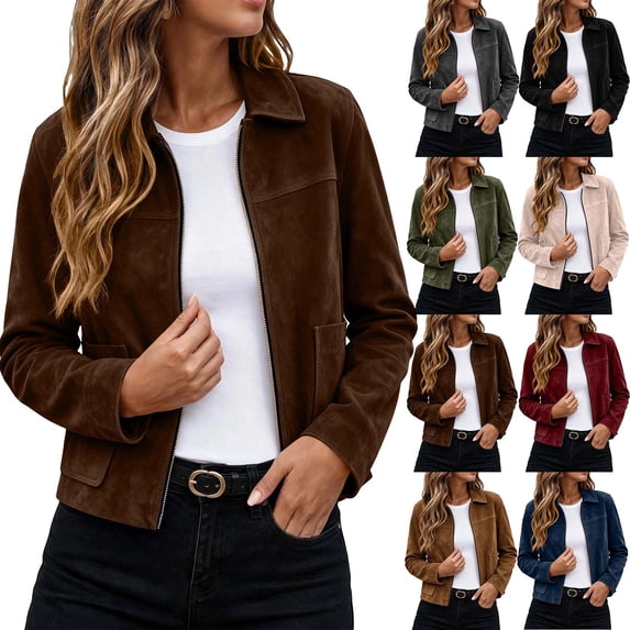 Lcziwo Womens Casual Jacket Faux Suede Leather Zip Up Lapel Collared ...