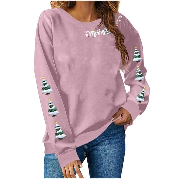 Lcziwo Womens Christmas Tree Sweatshirt Cute Graphic Print Xmas Tops Raglan Long Sleeve Round Neck Shirts Oversized Casual Fashion Fall Outfits Pink,XL