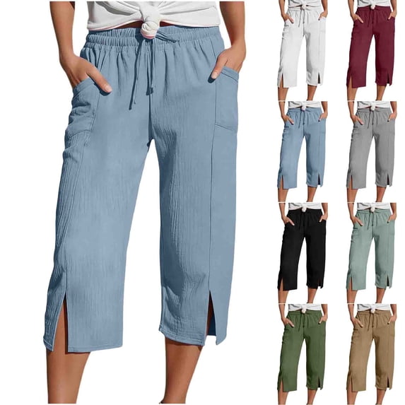 Lcziwo Womens Cotton Capri Pants Side Slit Drawstring Pockets Solid Trousers Elastic High Waisted Summer Vacation Capris 2026 Khaki,S