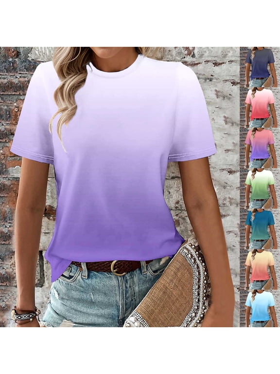 Womens Cotton Gradient T Shirts 2026 Summer Casual Trendy Ombre Tunic Tops Short Sleeve Crew Neck Soft Basic Tees Pink,XL