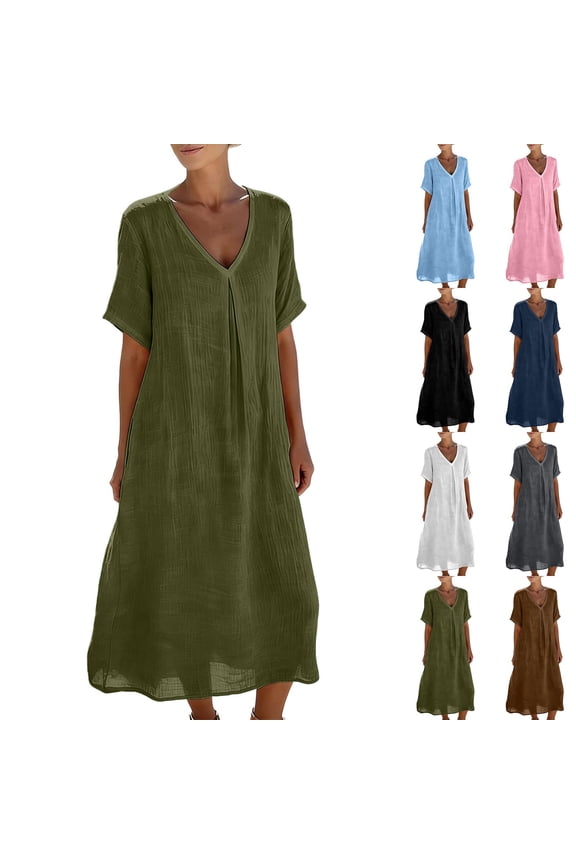 Womens Cotton Linen Dress Casual Summer V Neck Short Sleeve Sundress Thin Breathable Pleated Pockets Maxi Dress 2026 Pink,M