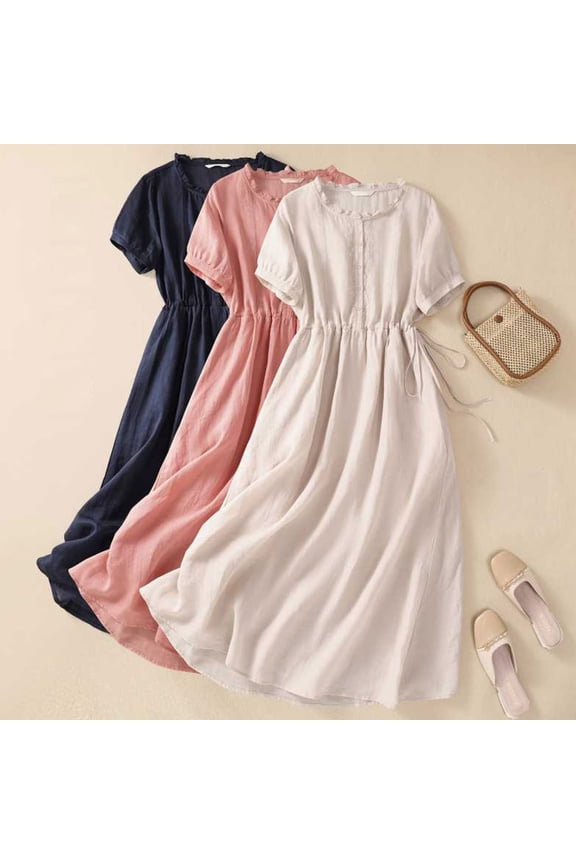 Womens Cotton Linen Dress Puff Short Sleeve Button Up Linen Maxi Dresses Drawstring Waist Flowy Summer Beach Sundress Pink,L