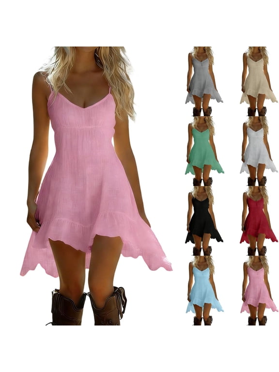 Womens Cotton Sundress Ruffled Sleeveless V Neck Plain Dresses Western Casual Summer Beach Midi Dress 2026 Red,XXL
