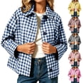 thumbnail image 1 of Lcziwo Womens Crop Plaid Jacket Gingham Button Down Lapel Casual Shacket Loose Fit Fall Dressy Outfits with Pockets Purple,XL, 1 of 8