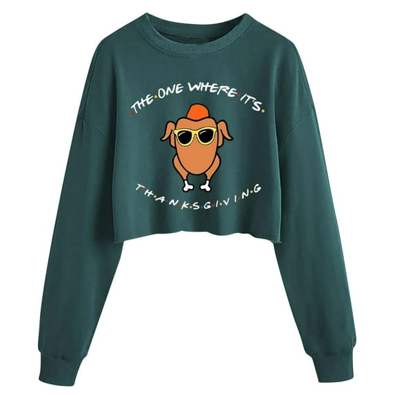 Lcziwo Womens Cropped Sweatshirts Casual Long Sleeve Graphic Tops Cute Turkey Print Thanksgiving Pullover Crew Neck Loose Fall 2025 Outfits Blue,M