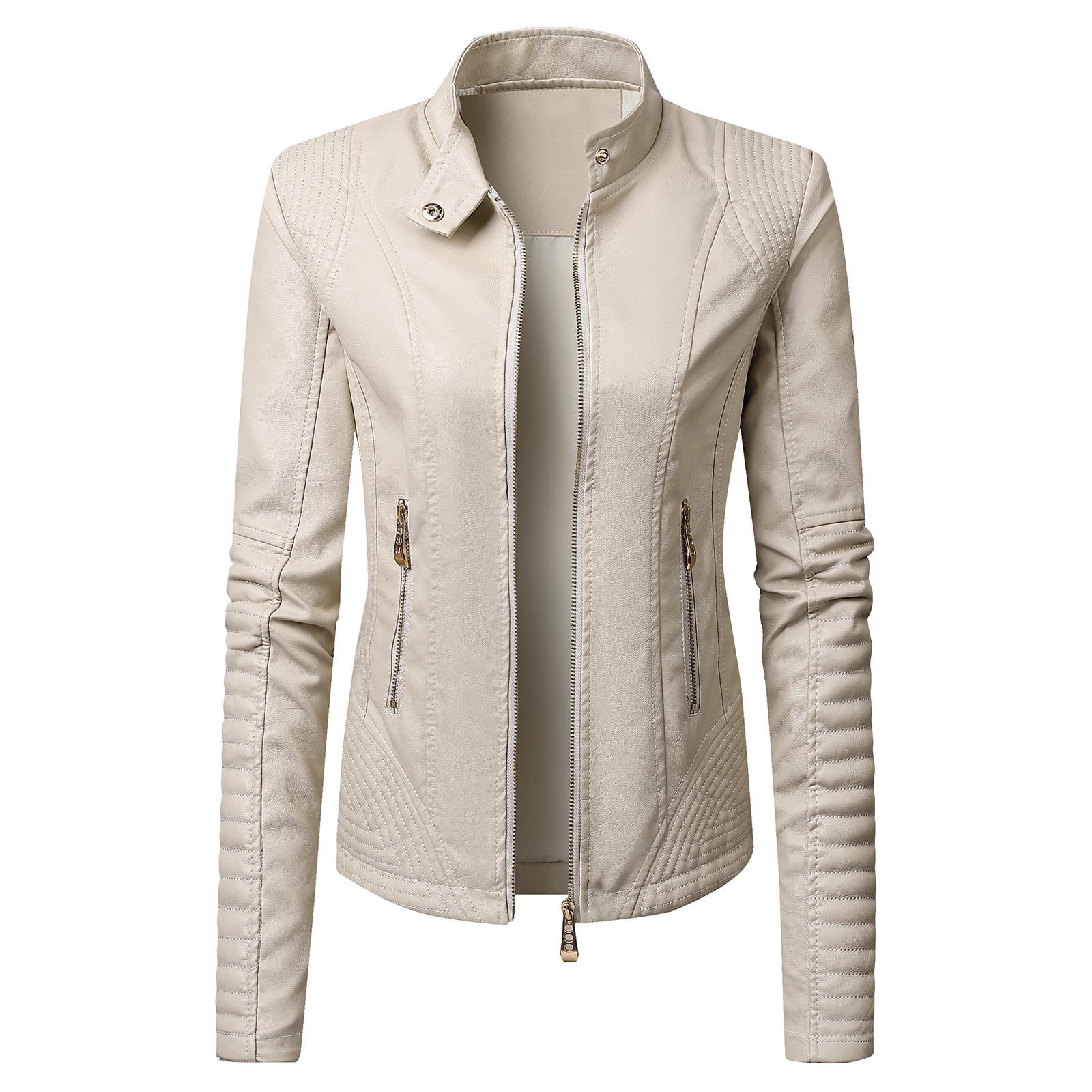 Lcziwo Womens Faux Leather Jacket Open Front Standing Collar Cardigan Coats Long Sleeve Solid Color Jackets Zip Up Biker Moto Casual 2025 Outerwear White,M