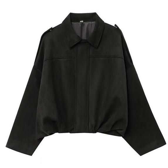 Lcziwo Womens Faux Suede Bomber Jacket Oversized Batwing Lapel Pilot Outerwear Long Sleeve Zip Up Cropped Coat Streetwear Black,S