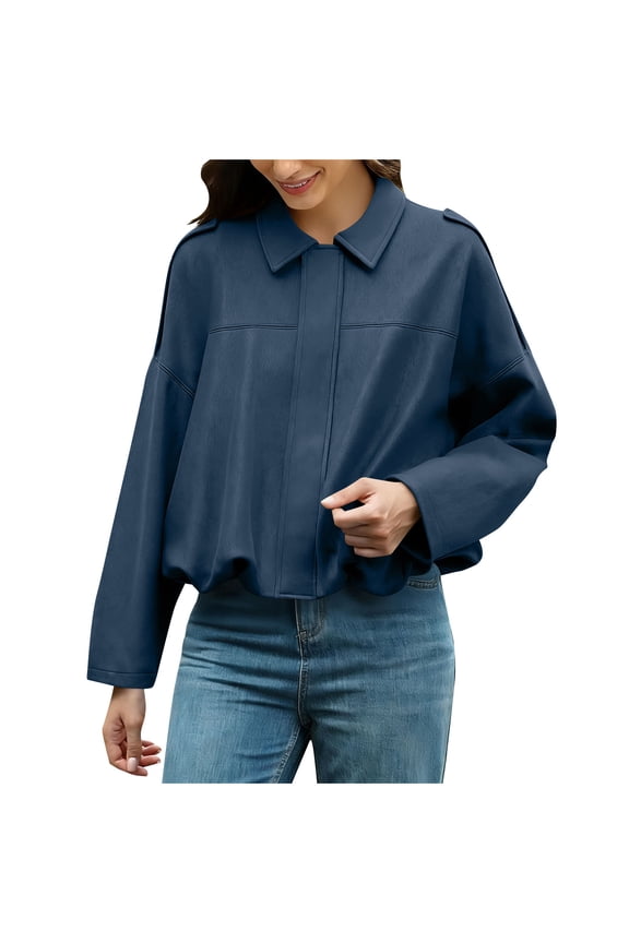 Womens Faux Suede Bomber Jacket Oversized Batwing Lapel Pilot Outerwear Long Sleeve Zip Up Cropped Coat Streetwear Navy,L