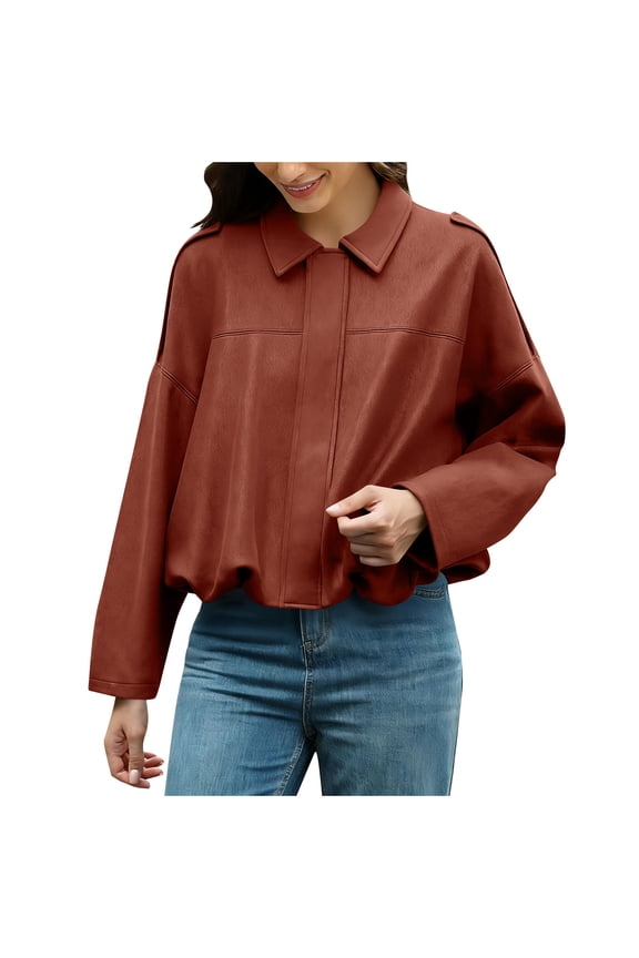 Womens Faux Suede Bomber Jacket Oversized Batwing Lapel Pilot Outerwear Long Sleeve Zip Up Cropped Coat Streetwear Red,S