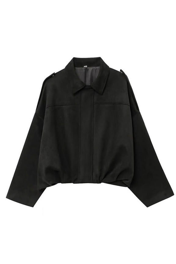 Womens Faux Suede Oversized Jacket Spring Lapel Pilot Cropped Coat Casual Long Sleeves Zipper Trendy Streetwear Outerwear Black,M