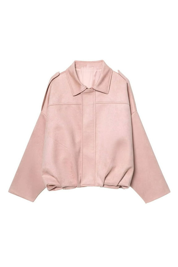 Womens Faux Suede Oversized Jacket Spring Lapel Pilot Cropped Coat Casual Long Sleeves Zipper Trendy Streetwear Outerwear Pink,S