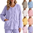 thumbnail image 1 of Lcziwo Womens Fleece Jacket Button Down Long Sleeve Loungewear Bow Texture Fuzzy Cozy Pajama Tops with Pockets 2026 Blue,XXL, 1 of 9