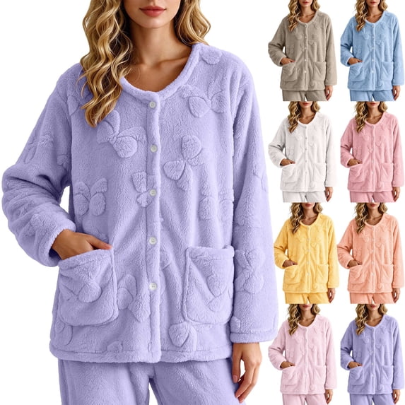 Lcziwo Womens Fleece Jacket Button Down Long Sleeve Loungewear Bow Texture Fuzzy Cozy Pajama Tops with Pockets 2026 Blue,XXL