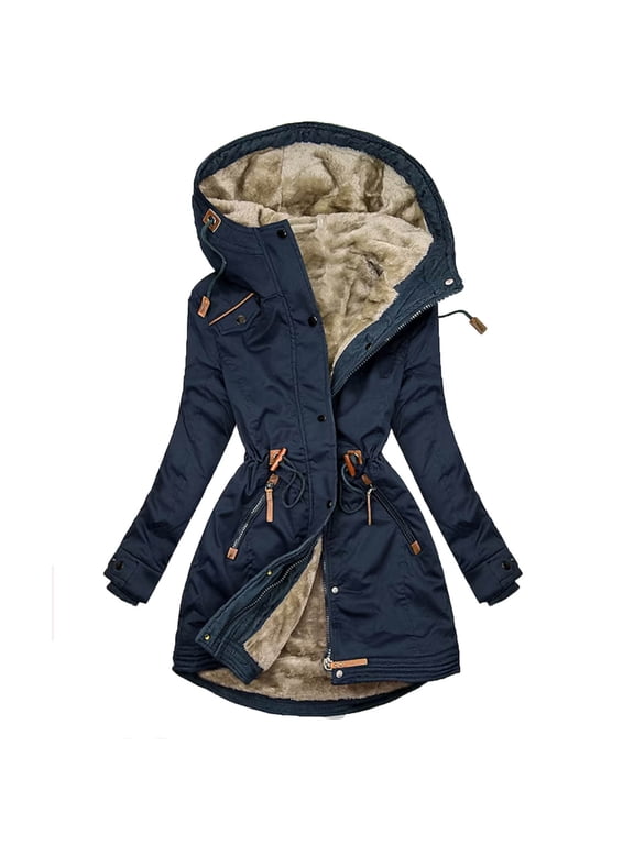 Womens Fleece Lined Jackets Trendy 2025 Button Up Coats Long Sleeve Thicken Puffer Outerwear Drawstring Waist Parkas Anoraks with Hood Dark Blue,L
