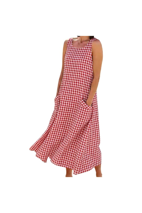 Womens Gingham Dresses Cotton Sleeveless Plaid Tank Maxi Dress Boho Swing Beach Vacation Sundress with Pockets Red,L
