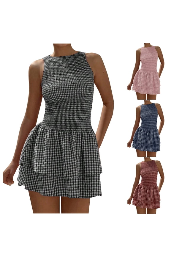 Womens Gingham Smocked Dresses Tiered Ruffle Hem A Line Dress Sleeveless Summer Short Tank Dresses Pink,L