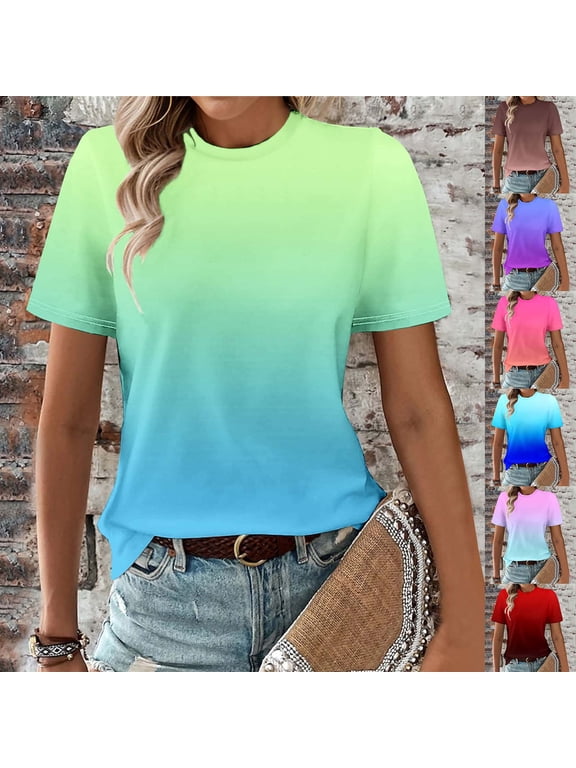 Womens Gradient Short Sleeve Shirts Short Sleeve Crew Neck Ombre Basic Tees Casual Dressy 2026 Trendy Vacation Clothes Hot Pink,S