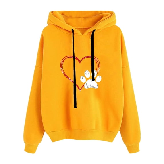 Lcziwo Womens Graphic Hooded Sweatshirt Long Sleeve Drawstring Pullover Valentines Cute Heart Print Tops Yellow,S