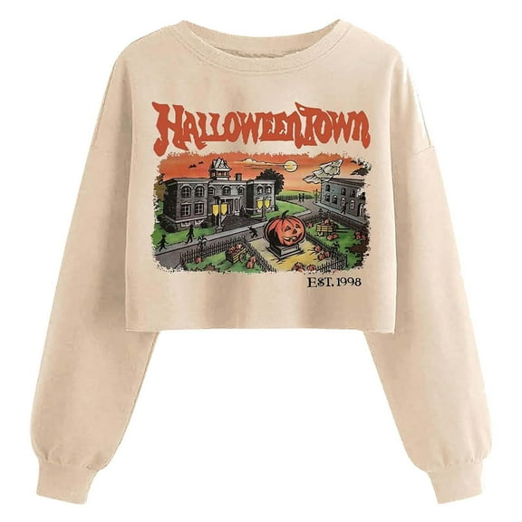 Lcziwo Womens Halloween Crop Sweatshirt Spooky Season Pumpkin Graphic Pullover Long Sleeve Crew Neck Tops 2025 Fall Fashion Outfits Beige,S