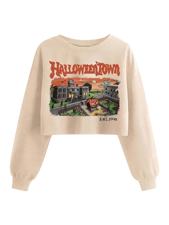 Womens Halloween Crop Top Spooky Season Pumpkin Graphic Pullover Long Sleeve Crewneck Sweatshirt 2025 Fall Fashion Outfits Beige,L