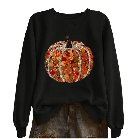 Lcziwo Womens Halloween Sequin Sweatshirt Funny Pumpkin Print Pullover Long Sleeve Crew Neck Tops Thanksgiving Fall Winter Fashion Outfits Black,XL
