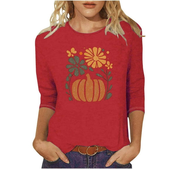 Lcziwo Womens Halloween Tops Cute Pumpkin Print Soft Blouses 3/4 Length Sleeve Round Neck Tops Casual Fall Basic Pullover Tees 2025 Red,M
