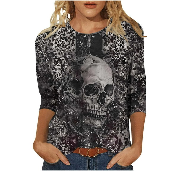 Lcziwo Womens Halloween Tops Funny Graphic Print Basic Tees 3/4 Length Sleeve Round Neck Shirts Casual Trendy Fall 2025 Comfy Tops Multicolor,XXXXXL