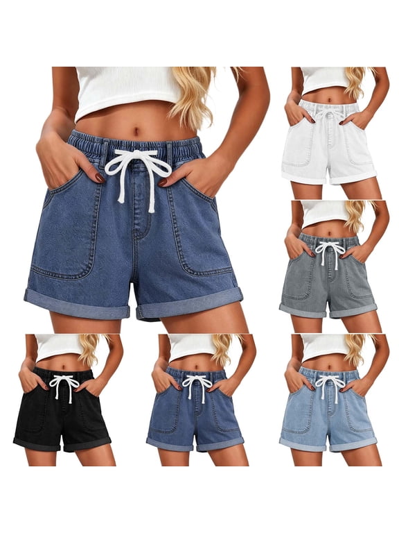 Womens High Waisted Denim Shorts Cuffed Hem Elastic Waisted Jean Shorts Drawstring Pockets Casual Summer Jorts 2026 Gray,XXL
