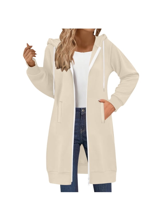 Womens Hooded Zip Up Jacket Casual Loose Double Zipper Coats Athletic Drawstring Light Sweatshirts Plain Fall Winter Long Hoodie with Pockets Beige,S