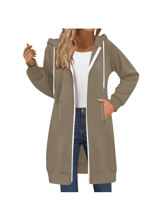 Womens Hooded Zip Up Jacket Casual Loose Double Zipper Coats Athletic Drawstring Light Sweatshirts Plain Fall Winter Long Hoodie with Pockets Khaki,S