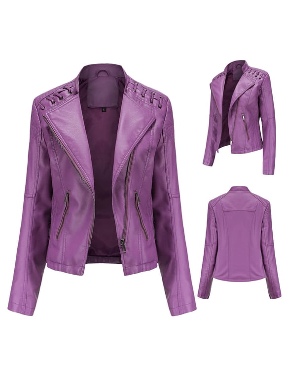 Womens Leather Trench Coat Motorcycle Biker Casual Trendy 2025 Jackets Long Sleeve Plain Outerwear Zip Up Lapel Cardigan Coats Purple,M
