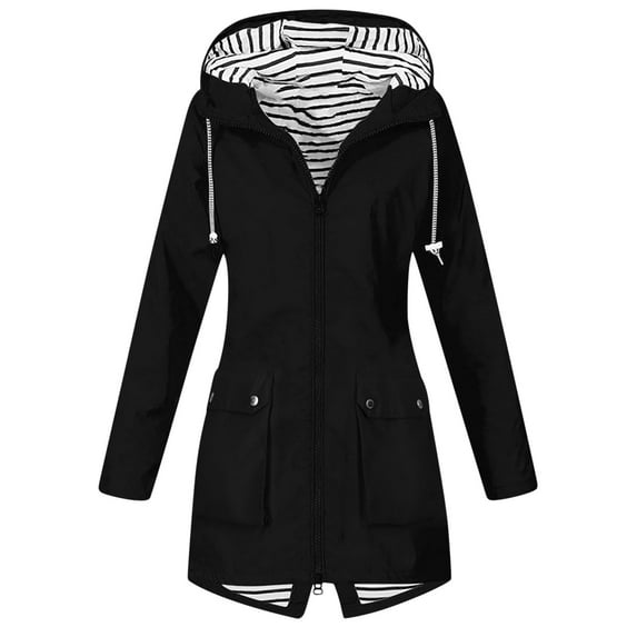 Lcziwo Womens Lightweight Coats Striped Lined Waterproof Drawstring Hoodies Jackets Outdoor Hiking Workout Thin Coats 2025 Black,L