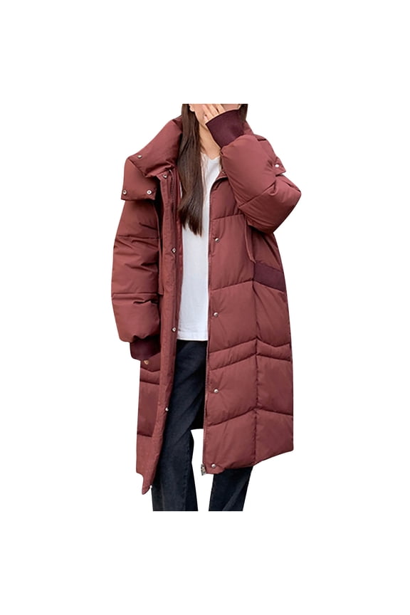 Womens Long Puffer Jacket Full Zip Thicken Winter Warm Coats Quilted Padded Cold Weather Outerwear with Pockets Red,XL
