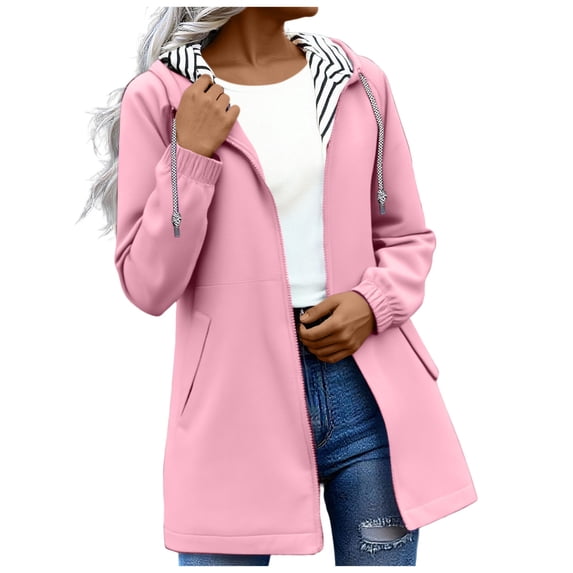 Lcziwo Womens Long Raincoats Outdoor Waterproof Lightweight Jackets Long Sleeve Striped Lined Drawstring Hooded with Pockets Pink,XXXXXL