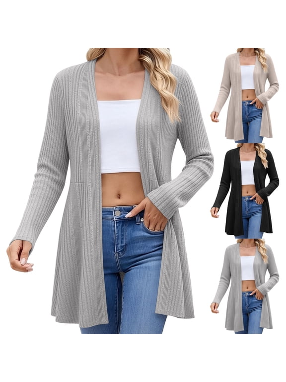 Womens Long Sleeve Cardigan Open Front Elegant Solid Duster Sweater Lightweight Knit Soft Fall Casual Kimonos Gray,XXL