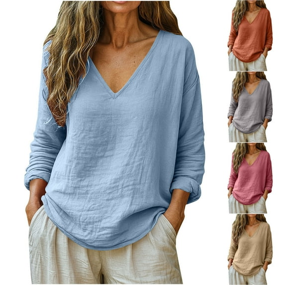 Lcziwo Womens Long Sleeve Cotton Linen Shirts Loose Fit V Neck Solid Tops Comfy Casual Summer 2026 Blouses Pink,L