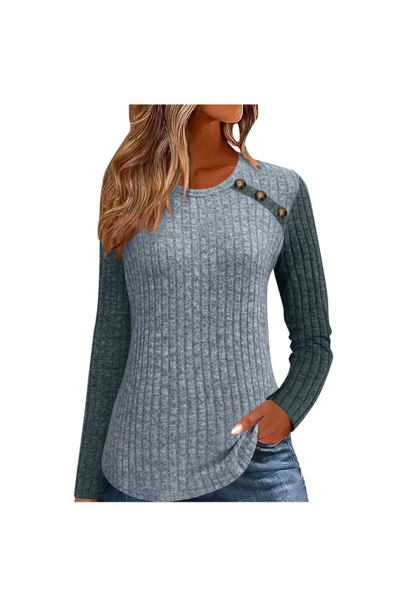 Womens Long Sleeve Knit Tops Casual Patchwork Crew Neck Tunic Tees Round Hem Pullover Sweater Blouses Early Fall Fashion Clothes Navy,S