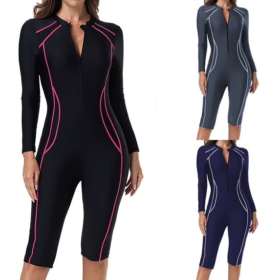 Lcziwo Womens Long Sleeve Rash Guard One Piece Boyleg Zipper Swimsuits Built in Bra Printed Surfing Swimwear Black,L