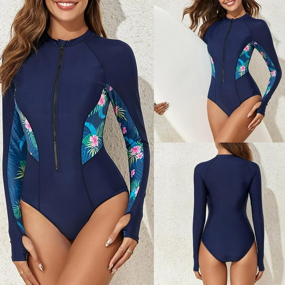 Lcziwo Womens Long Sleeve Rash Guard One Piece Sun Protection Swimsuit Printed Zipper Tummy Control Bathing Suit Navy,S