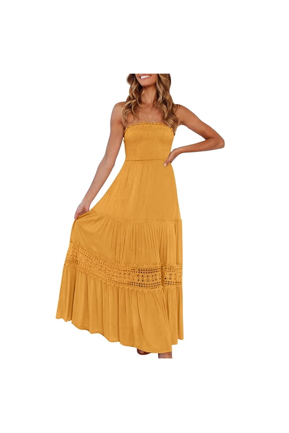 Womens Long Smocked Dresses Strapless Off Shoulder Lace Flowy Dress A Line Flowy Summer Vacation Sundress Yellow,S