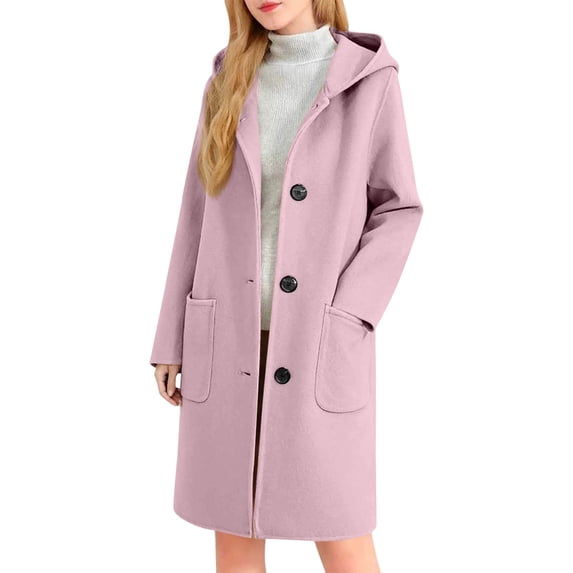 Lcziwo Womens Mid Long Trench Coat Mid-Length Wool Blend Jackets Single Breasted Hoodie Coat with Pockets Casual Fashion Fall Winter Outerwear 2025 Pink,M